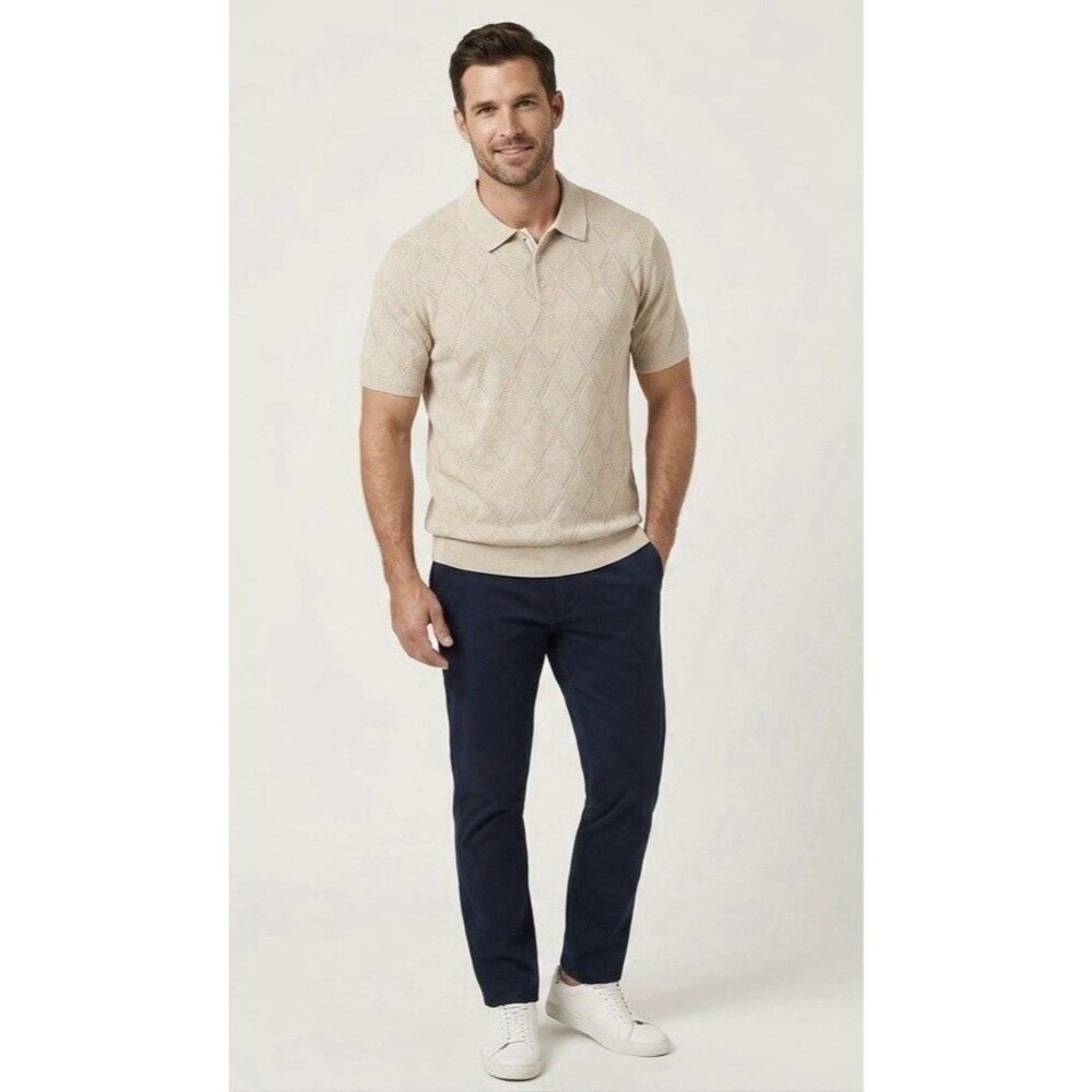 NWT ELIE TAHARI Men's Short Sleeve Knit Polo Shirt Beige Diamond Pattern XL